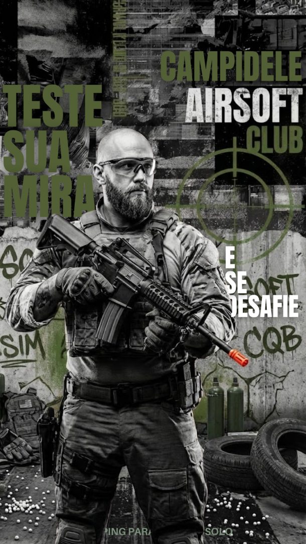 Cartaz Campidele Airsoft Club: teste sua mira e se desafie